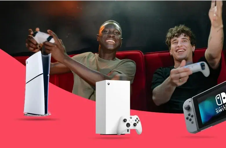 Deux amis jouent aux consoles PS5, Nintendo Switch et Xbox louées chez Next Mobiles